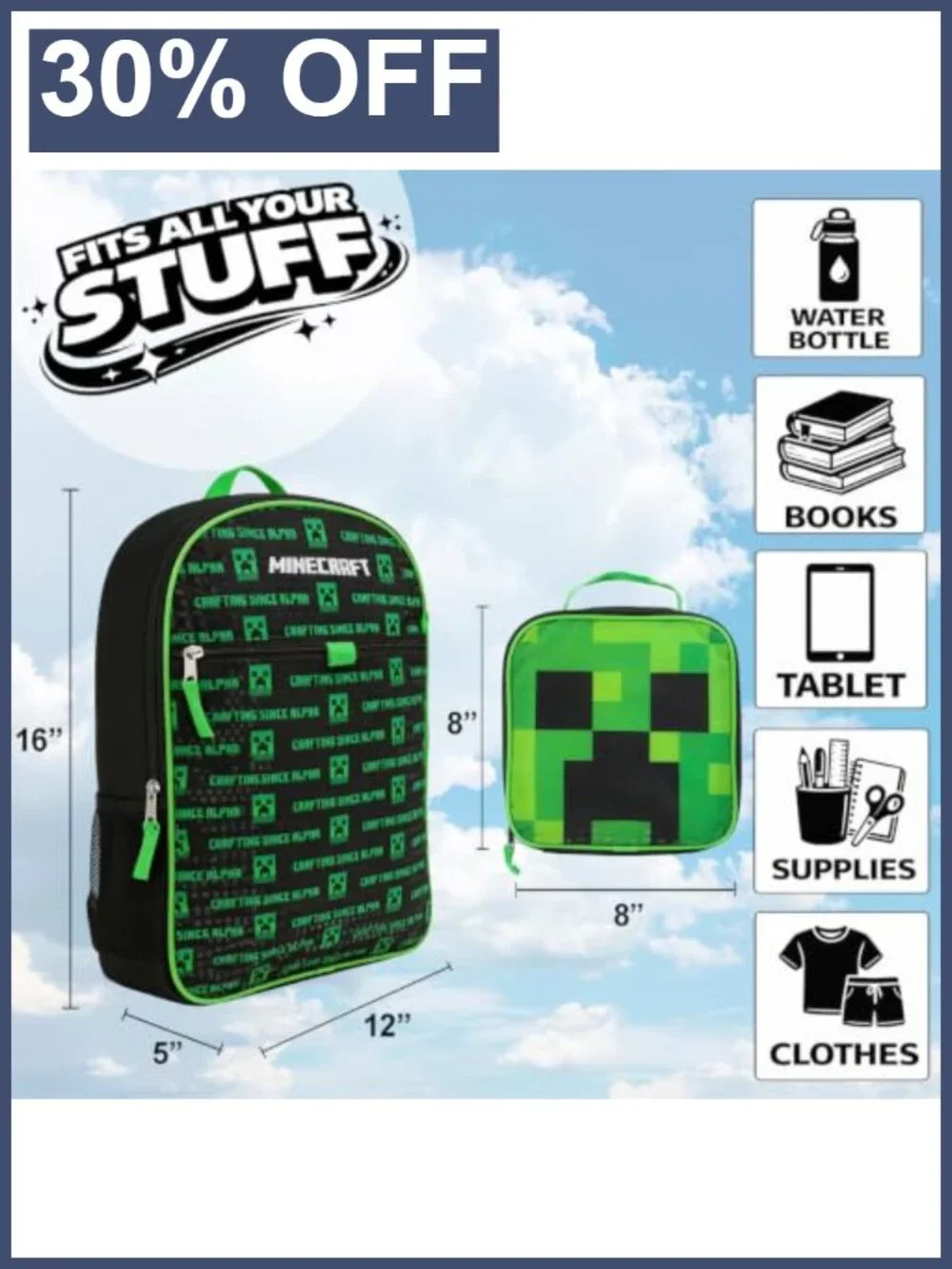 Minecraft Creeper Youth 5-Piece Backpack Set with Lunch Box, Water Bottle &